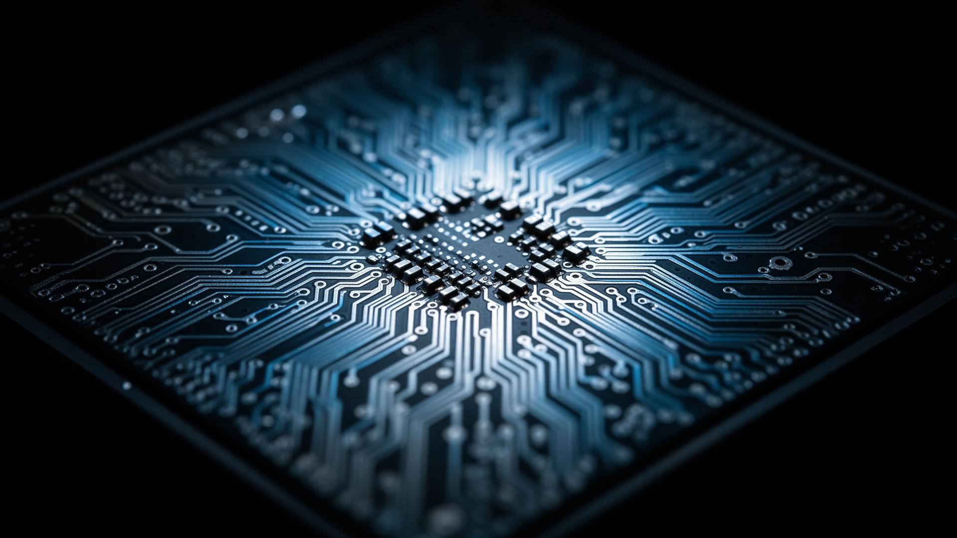 Extreme macro photograph of a silicon die — the substrate of the modern market.