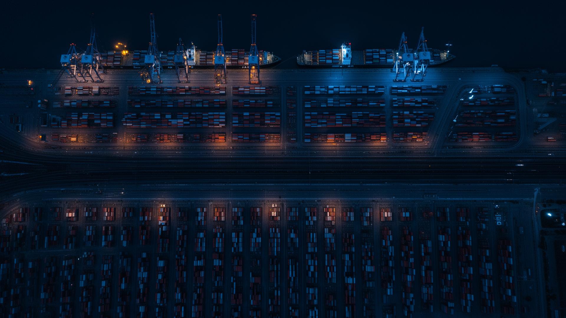Aerial night view of a global container port — the supply chain Mesh maps every day.